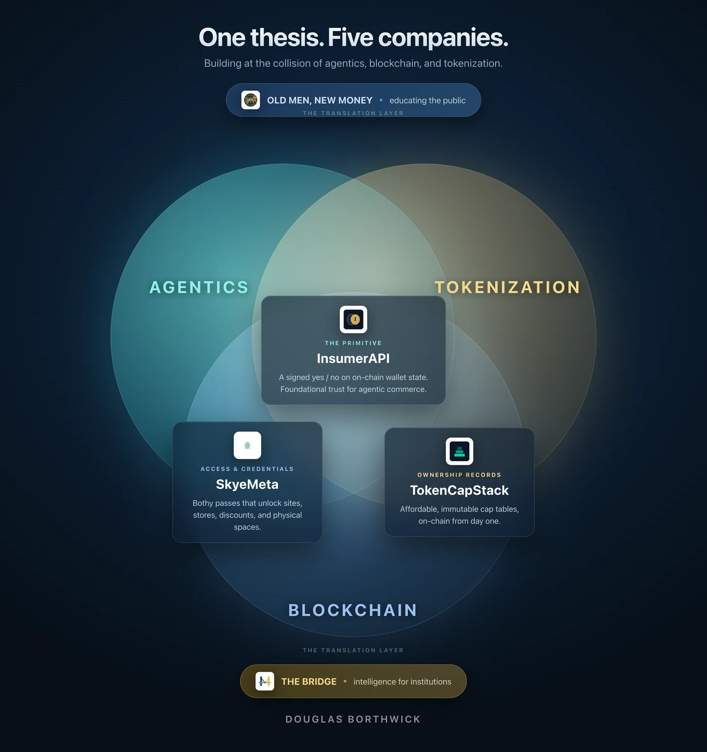 One thesis, five companies: InsumerAPI, SkyeMeta, TokenCapStack, Old Men New Money, and The Bridge mapped onto the overlap of agentics, blockchain, and tokenization