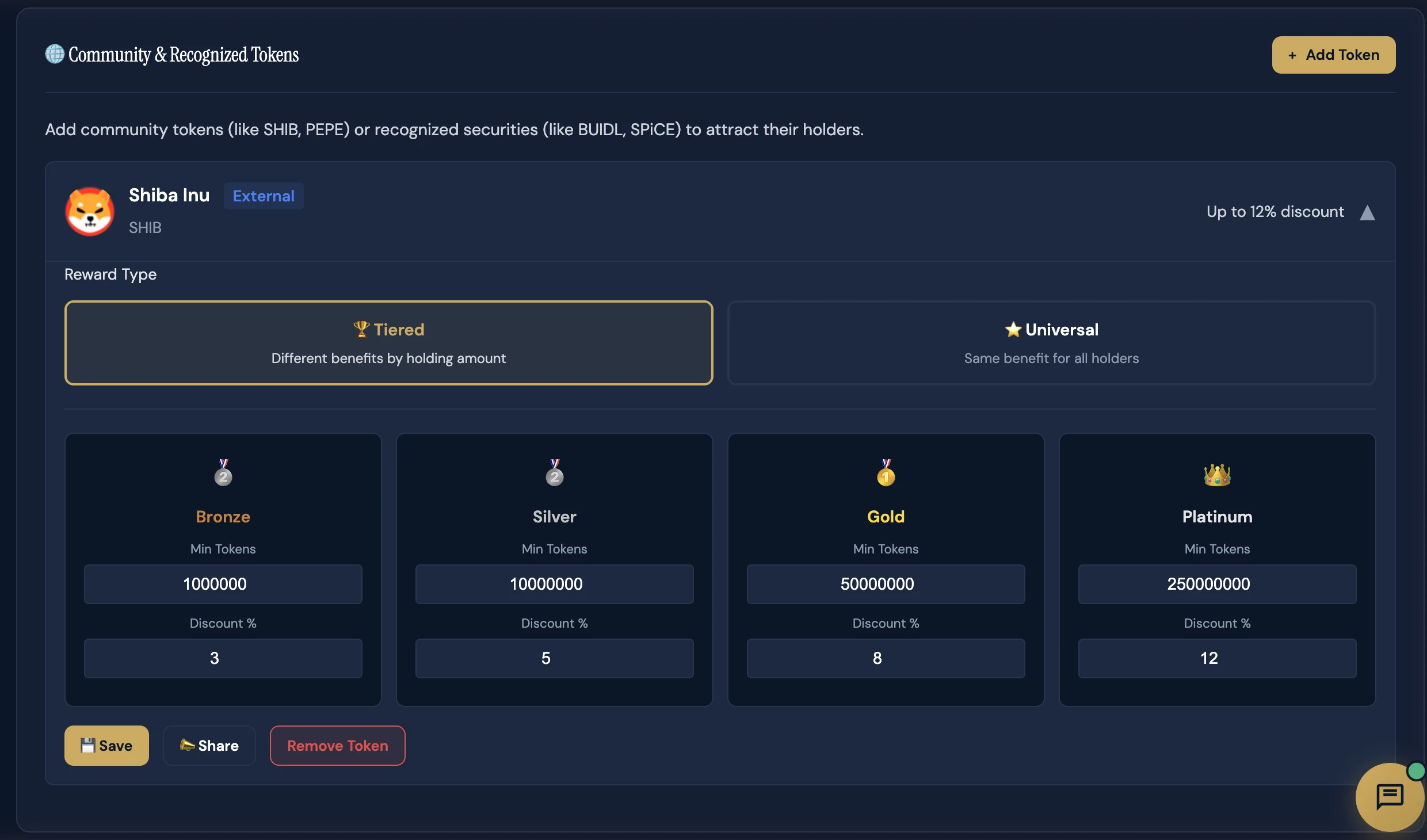 InsumerDashboard Tokens & Tiers screen with Shiba Inu configured across Bronze, Silver, Gold, and Platinum discount tiers