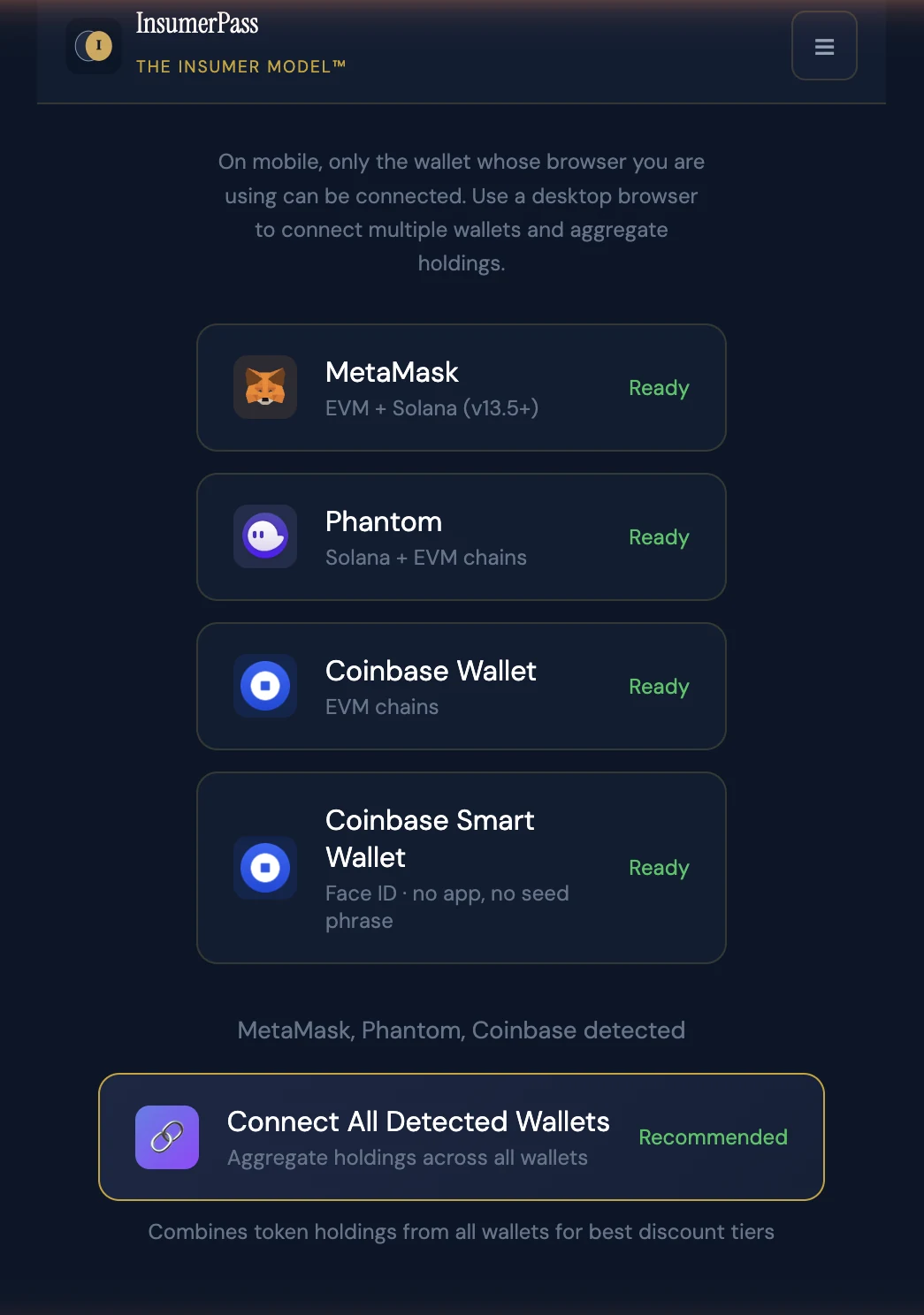 InsumerPass connect screen with MetaMask, Phantom, Coinbase Wallet, and Coinbase Smart Wallet detected and a Connect All Detected Wallets button