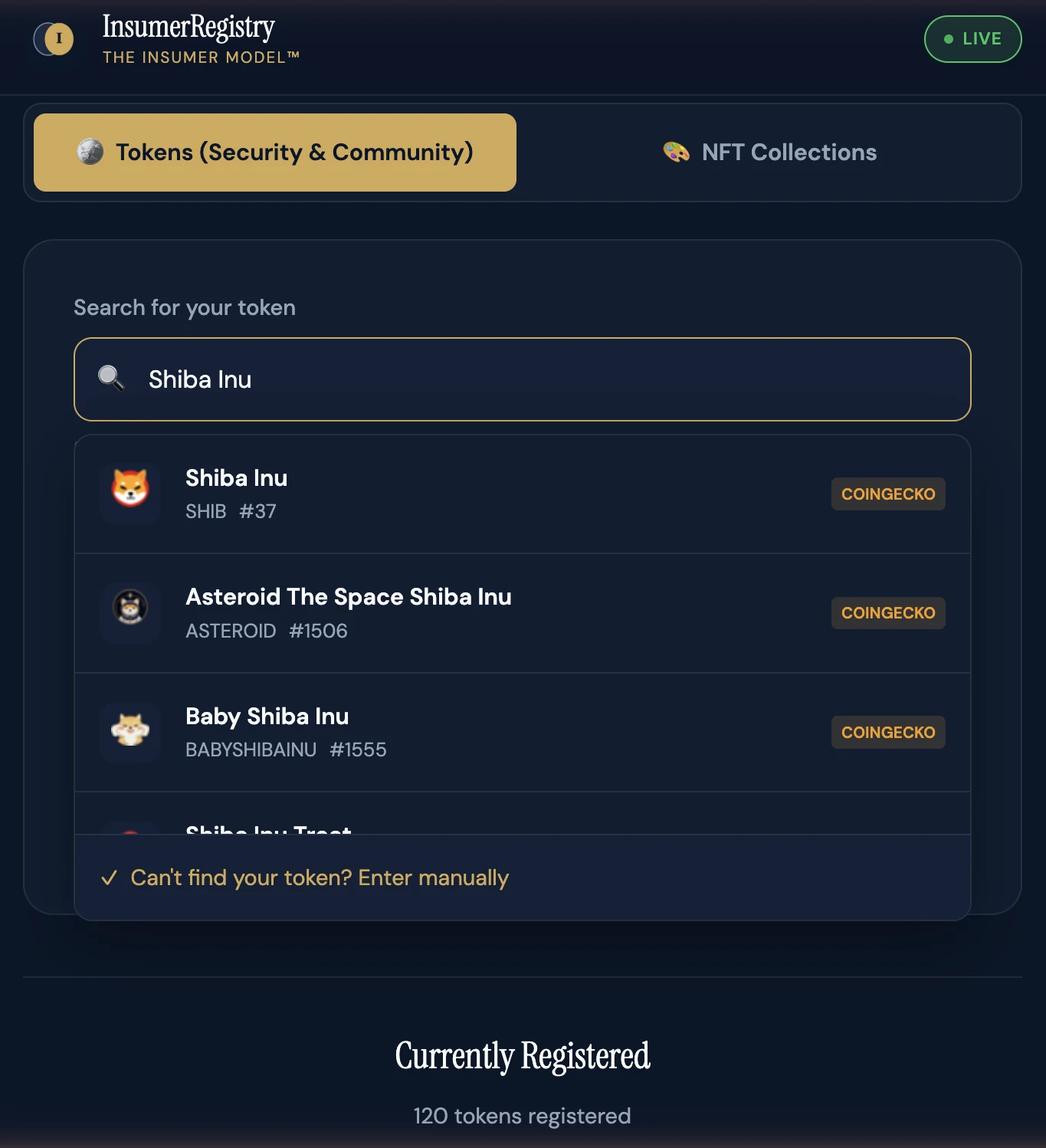 InsumerRegistry live search showing Shiba Inu and other tokens from a database of 100,000+, with 120 tokens currently registered