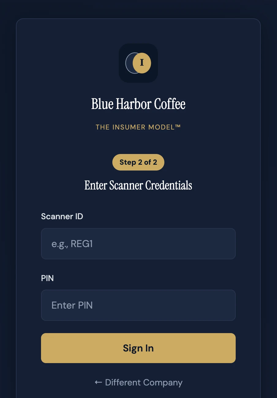 InsumerScanner sign-in screen for Blue Harbor Coffee asking for scanner ID and PIN
