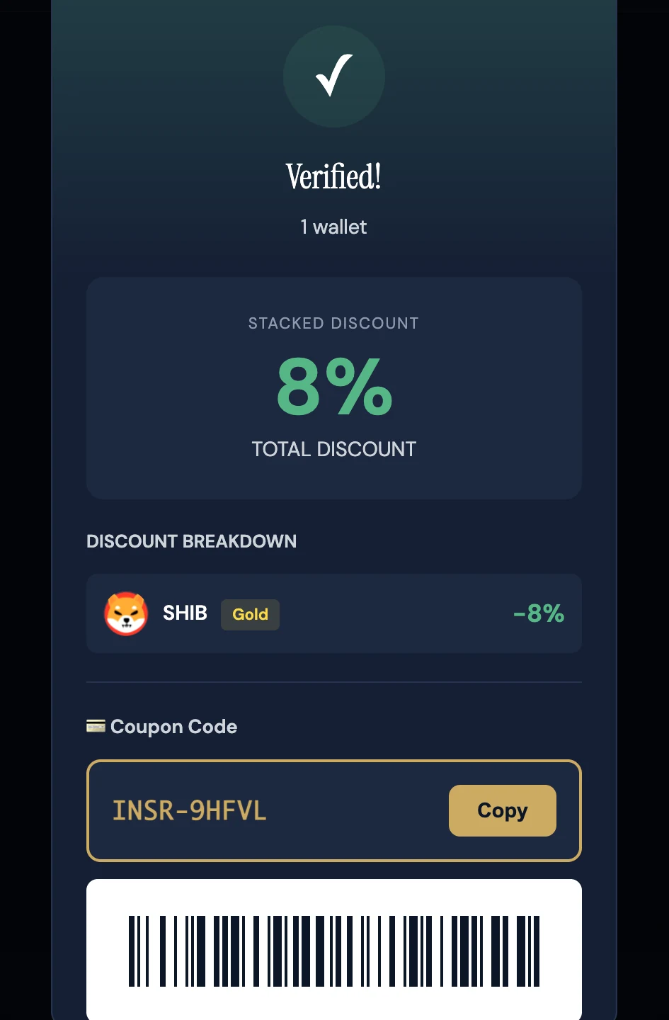 InsumerScanner verified result showing an 8% stacked discount for a SHIB Gold tier holder with a scannable coupon code