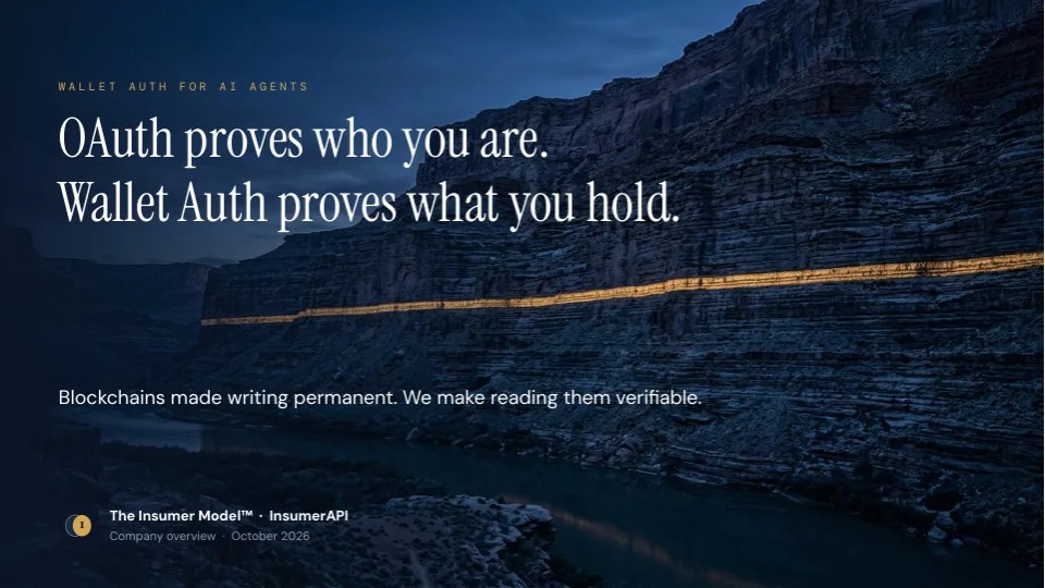 Cover slide of the company overview: OAuth proves who you are. Wallet Auth proves what you hold.