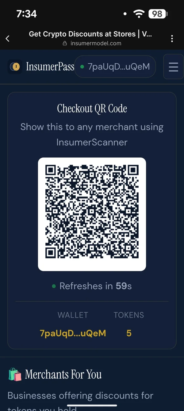 InsumerPass checkout QR code with wallet 7paUqD…uQeM and 59-second refresh timer